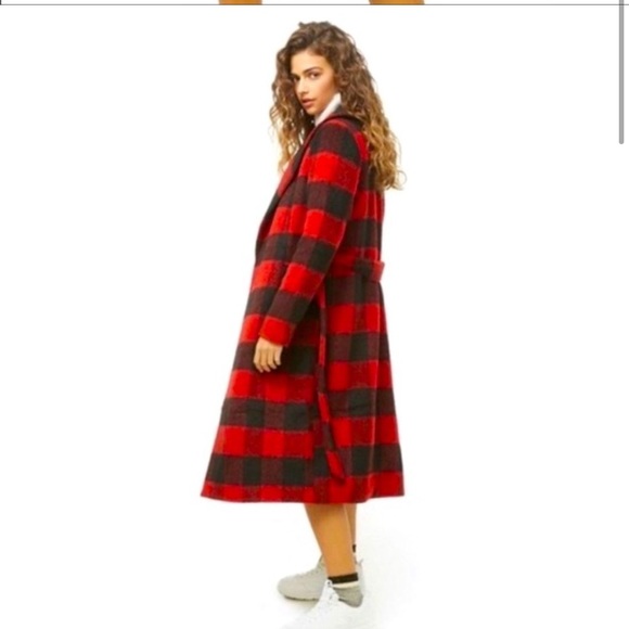 Red & black Buffalo plaid trench coat - Picture 2 of 4